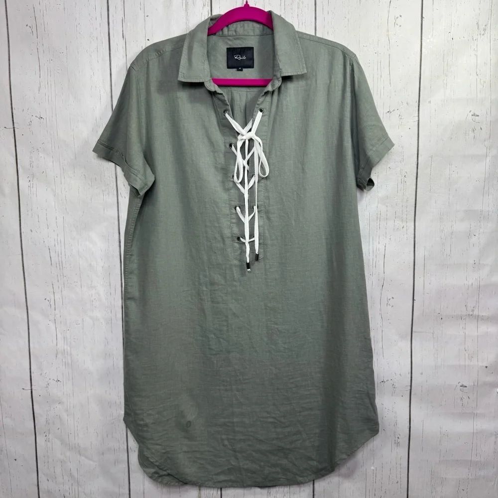 Rails Olive Green Lace Up Shirt Dress Linen Blend Collared Utility M Minimalist